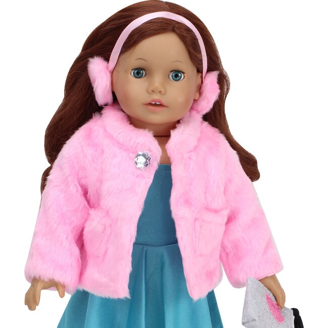 18'' Doll Fur Coat & Earmuff Headband, Pink - Doll Accessories - 2