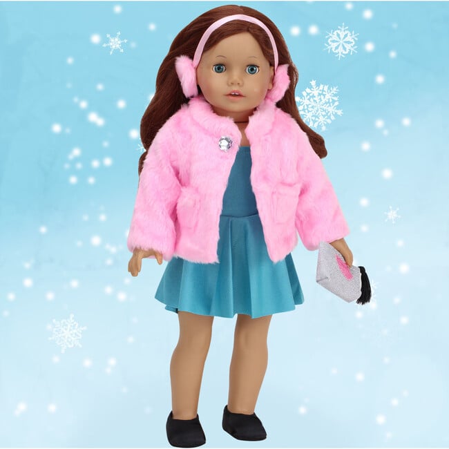 18'' Doll Fur Coat & Earmuff Headband, Pink - Doll Accessories - 3