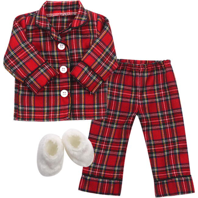 18'' Doll Flannel Pajama & Slippers Set, Red