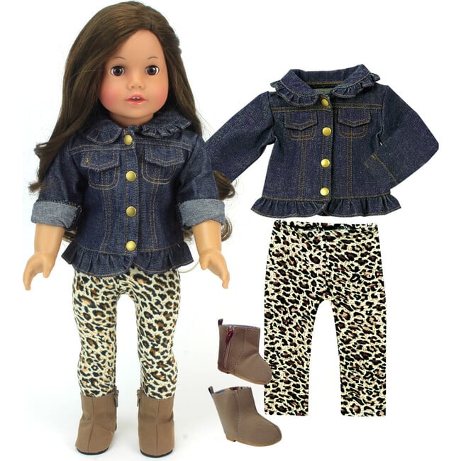 18'' Doll Ruffle Denim Jean Jacket, Animal Print Leggings, Blue - Doll Accessories - 2