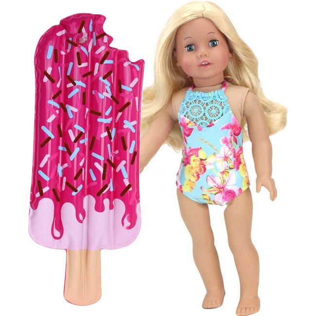 18'' Doll Floral Print Lace Trim Bathing Suit & Popsicle Pool Float, Pink - Doll Accessories - 2