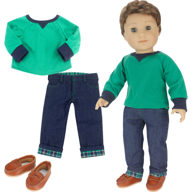 18'' Doll Shirt, Flannel Cuffed Jeans & Brown Penny Loafers, Green