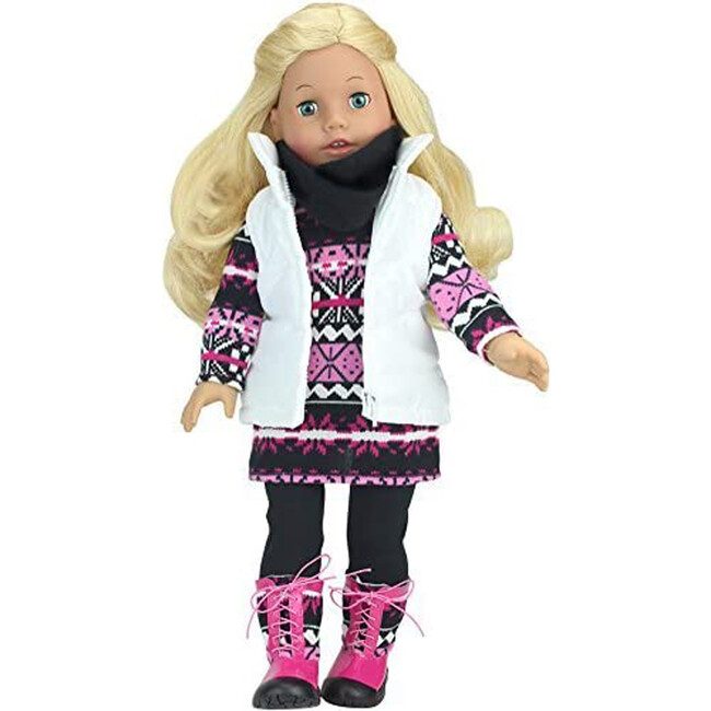 18'' Doll Knit Print Dress, Leggings, Scarf, Vest & Boots Set, Pink - Doll Accessories - 2