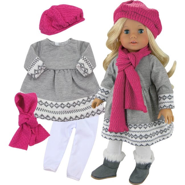 18'' Doll Fair Isle Dress, Leggings, Hat & Scarf, Gray - Doll Accessories - 3