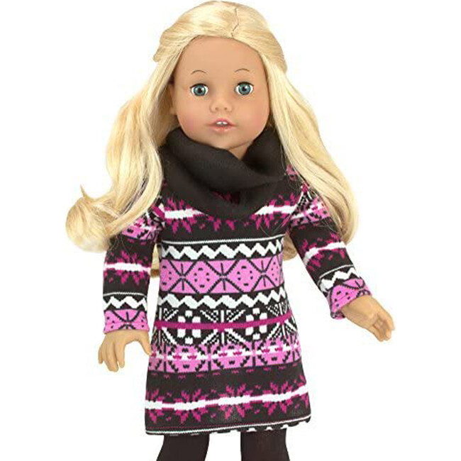18'' Doll Knit Print Dress, Leggings, Scarf, Vest & Boots Set, Pink - Doll Accessories - 3