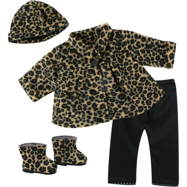 18'' Doll Animal Print Coat, Hat, Black Leggings & Boots, Tan