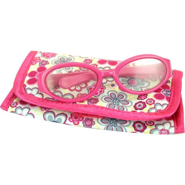 18'' Doll Flower Print Flap Case & Hot Pink Plastic Eyeglasses Set, Hot Pink