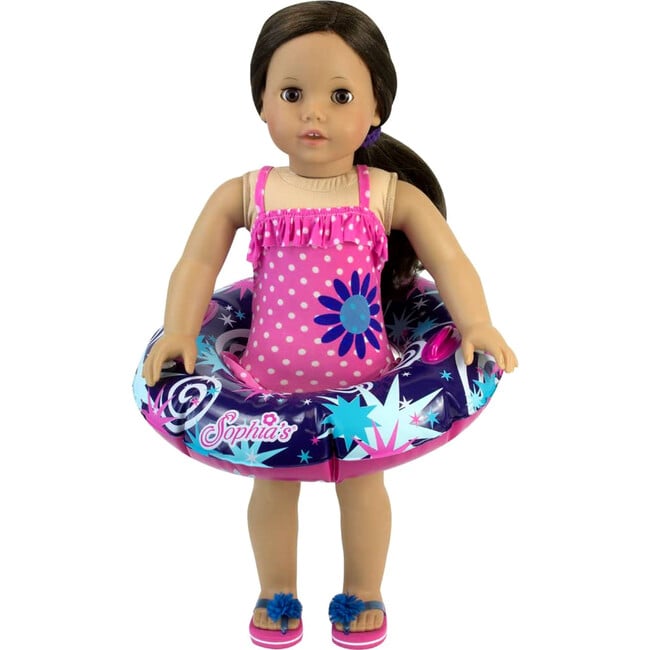 18'' Doll Ruffle Polka Dot Bathing Suit & Inner Tube Set, Hot Pink - Doll Accessories - 3