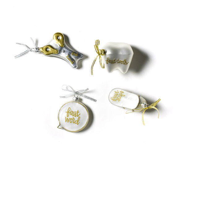Set of 4 Baby's First Milestones Glass Ornaments, Silver