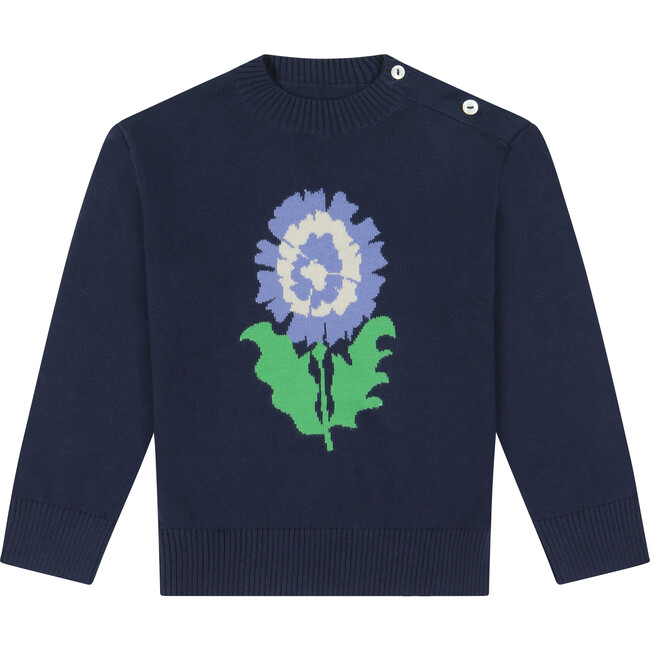 Peony Intarsia Cotton Sweater, Navy - Sweaters - 1
