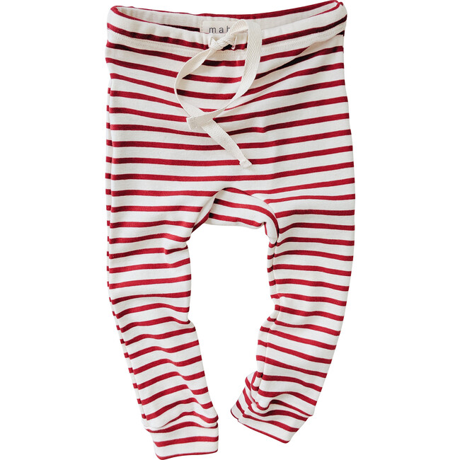 Organic Cotton Drawstring Striped Leggings, Natural & Scarlet