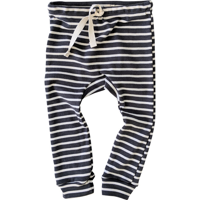 Organic Cotton Drawstring Striped Leggings, Charcoal & Natural
