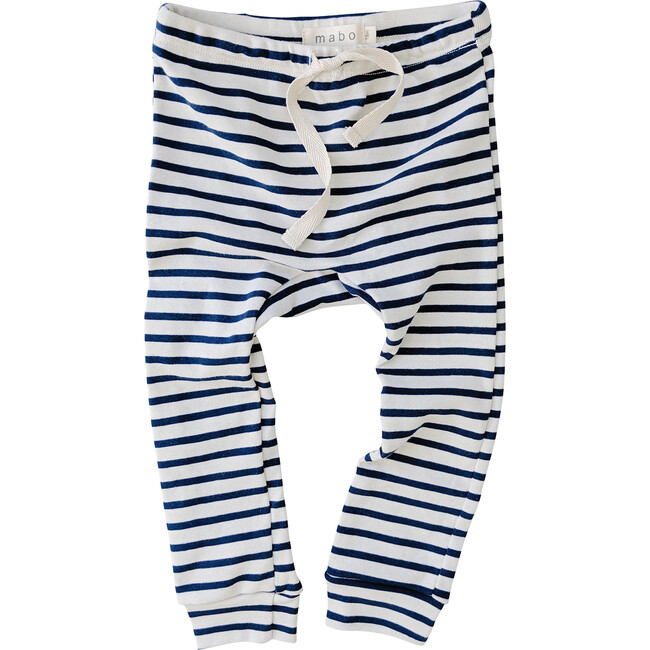 Organic Cotton Drawstring Striped Leggings, Natural & Blue - Leggings - 1