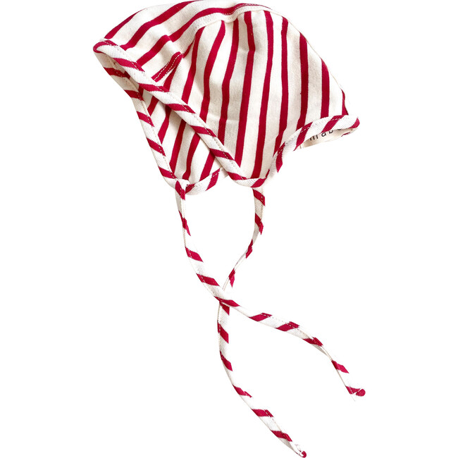 Organic Cotton Bonnet, Natural & Scarlet Stripe - Hats - 1