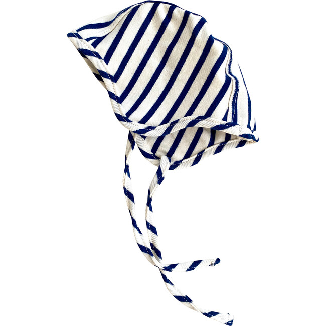 Organic Cotton Bonnet, Natural & Blue Stripe - Hats - 1