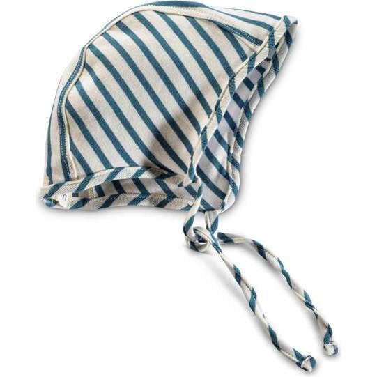 Organic Cotton Bonnet, Natural & Azure Stripe - Hats - 1