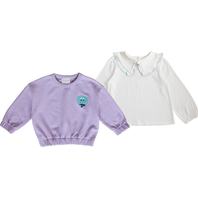 Ruffled Collar Blouse and Flower Power Sweatshirt, Lavender and White - Mixed Apparel Set - 1