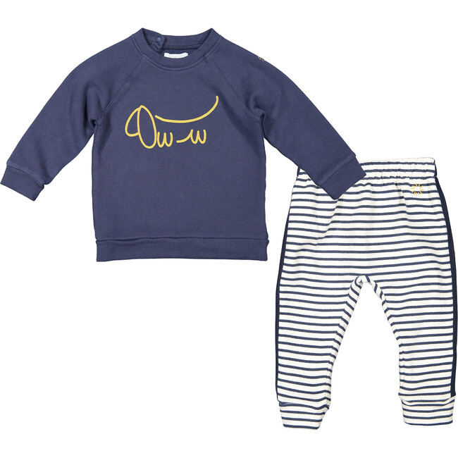 Sausage Dog Sweatshirt and Breton Stripes Joggers, Navy and Cream - Mixed Apparel Set - 1