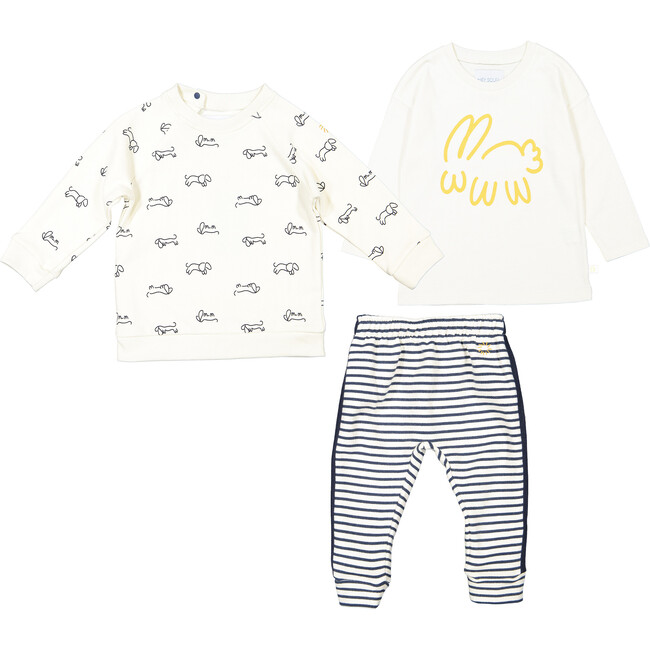 Running Dogs Sweatshirt, Bunny t-shirt and Breton Stripes Joggers, Cream - Mixed Apparel Set - 1