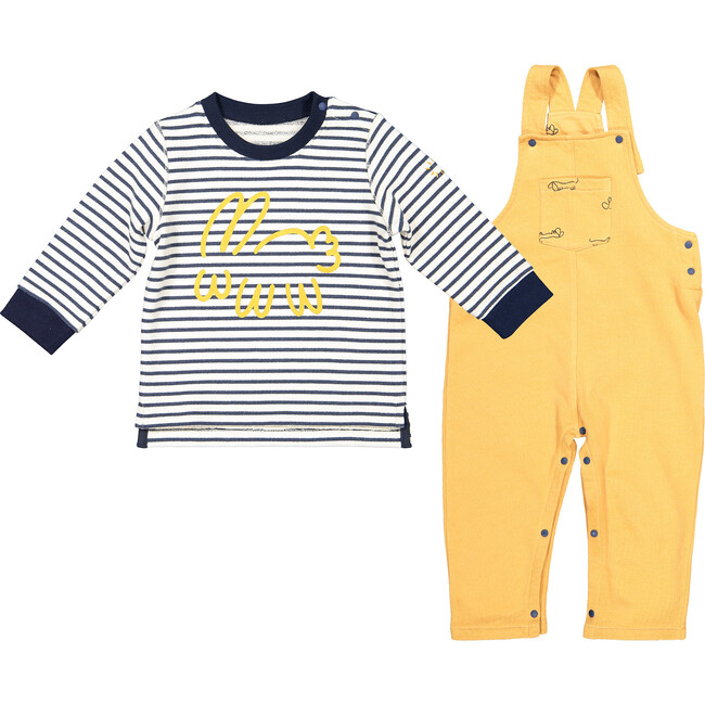 Striped Bunny Sweatshirt and Dungarees, Yellow - Mixed Apparel Set - 1