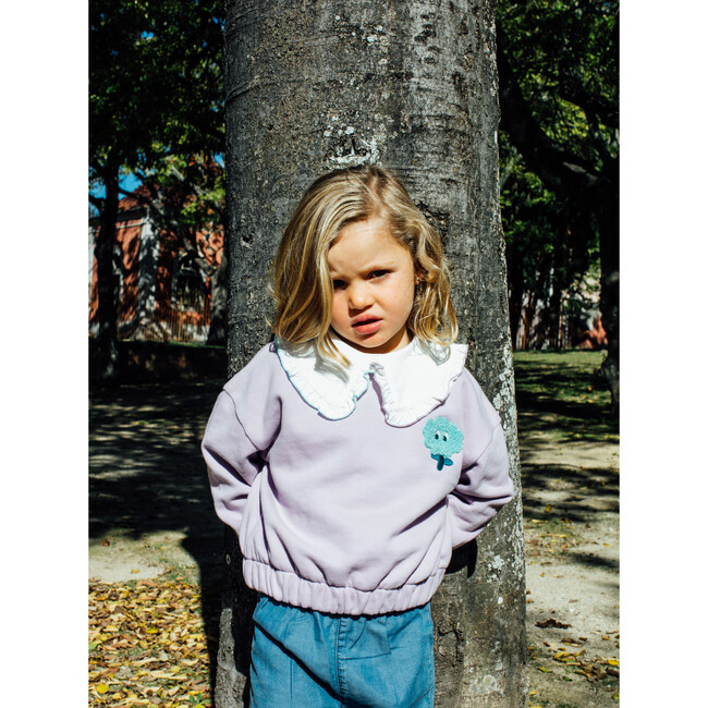 Ruffled Collar Blouse and Flower Power Sweatshirt, Lavender and White