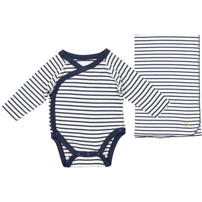 Breton Stripes Bodysuit and Blanket, Navy and Cream - Mixed Accessories Set - 1 - zoom