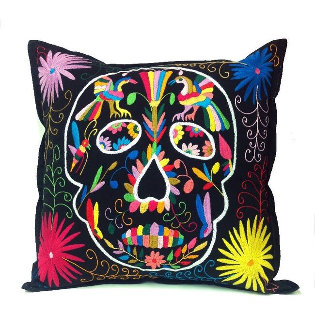 Otomi Skull Pillow, Black - Decorative Pillows - 1