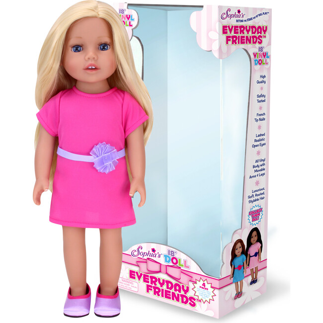 18" Doll - Chloe Blonde Vinyl Doll in Hot Pink Dress & Purple Satin Shoes, Blush