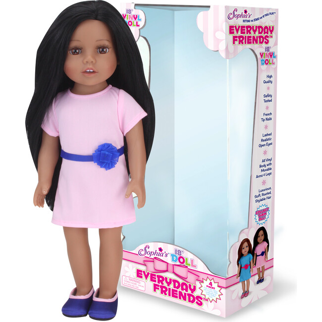 18" Doll - Brooklyn Dark Brown Hair Vinyl Doll in Light Pink Dress & Navy Satin Shoes, Blush - Doll Accessories - 1