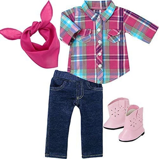 18" Doll - Plaid Button Up Blouse, Denim Jeggings, Bandana & Pink Cowgirl Boots, Hot Pink - Doll Accessories - 2