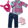 18" Doll - Plaid Button Up Blouse, Denim Jeggings, Bandana & Pink Cowgirl Boots, Hot Pink - Doll Accessories - 2