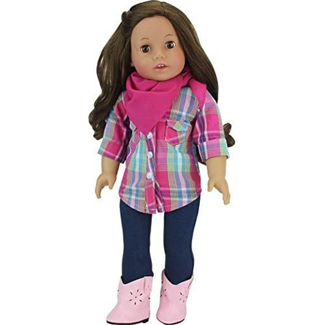 18" Doll - Plaid Button Up Blouse, Denim Jeggings, Bandana & Pink Cowgirl Boots, Hot Pink - Doll Accessories - 3