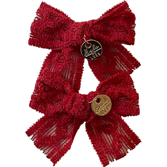 Isla Lace Knit Bow Double Clip, Red - Hair Accessories - 2