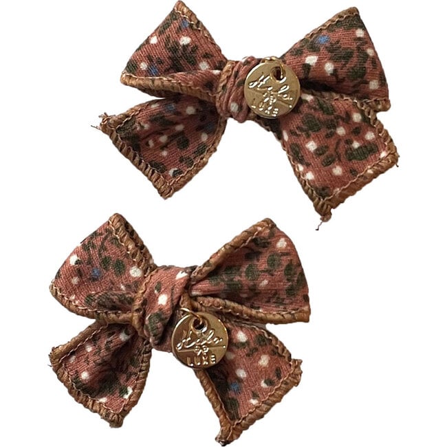 Elsie Printed Corduroy Double Bow Clip, Salmon Floral