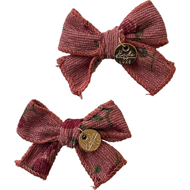 Elsie Printed Corduroy Double Bow Clip, Rose Floral