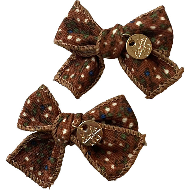 Elsie Printed Corduroy Double Bow Clip, Caramel Brown Floral