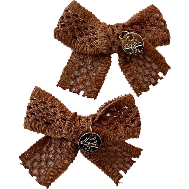 Della Chenille Lace Double Bow Clip, Caramel Brown