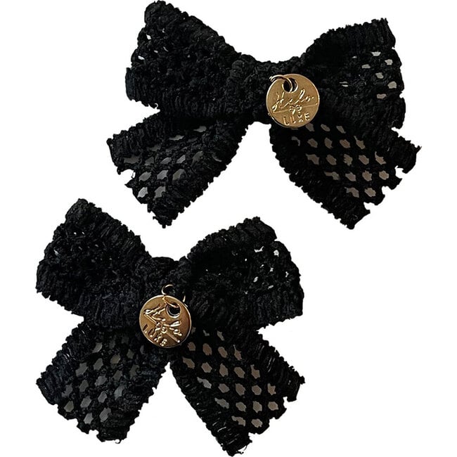 Della Chenille Lace Double Bow Clip, Black