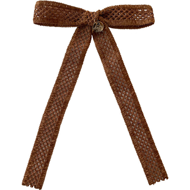 Della Chenille Lace Bow Long Tail Clip, Caramel Brown