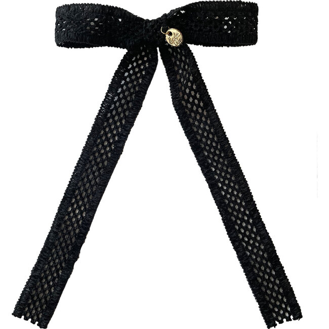 Della Chenille Lace Bow Long Tail Clip, Black - Hair Accessories - 1