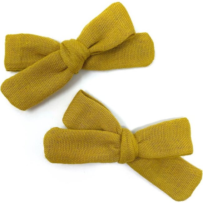 Skinny Ribbon Pigtail Bows, Mustard Double Gauze