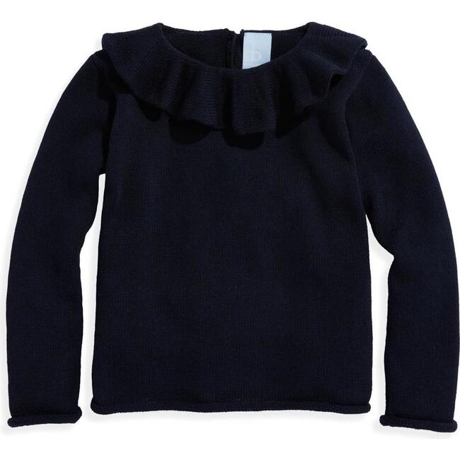 Ruffle Neck Pullover, Navy - Sweatshirts - 1