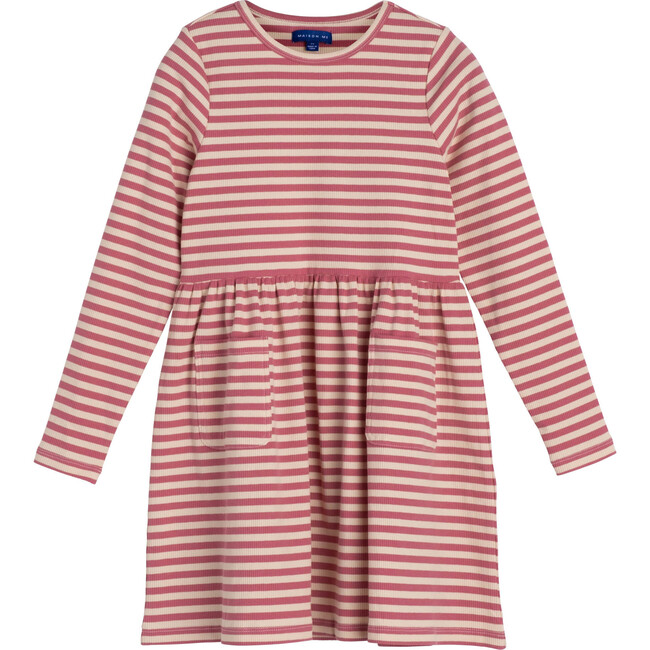 Marley Ribbed Long Sleeve Jersey Dress, Dusty Rose & Cream
