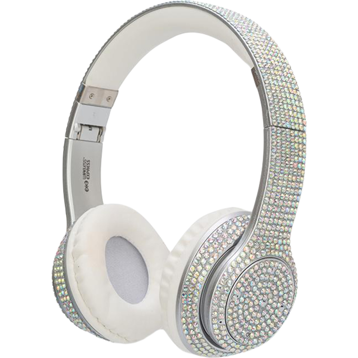 Rhinestone studded white and silver headphones.