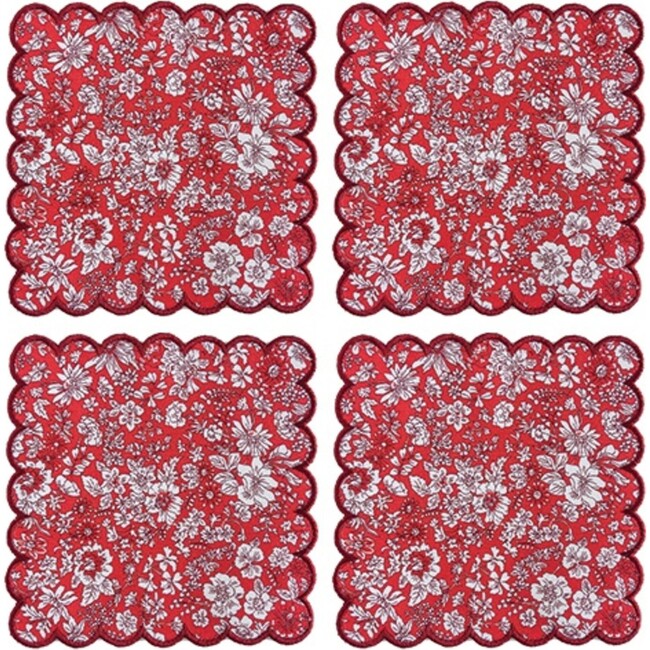Set of 4 Cockail Napkins, Holiday Floral with Crimson Trim