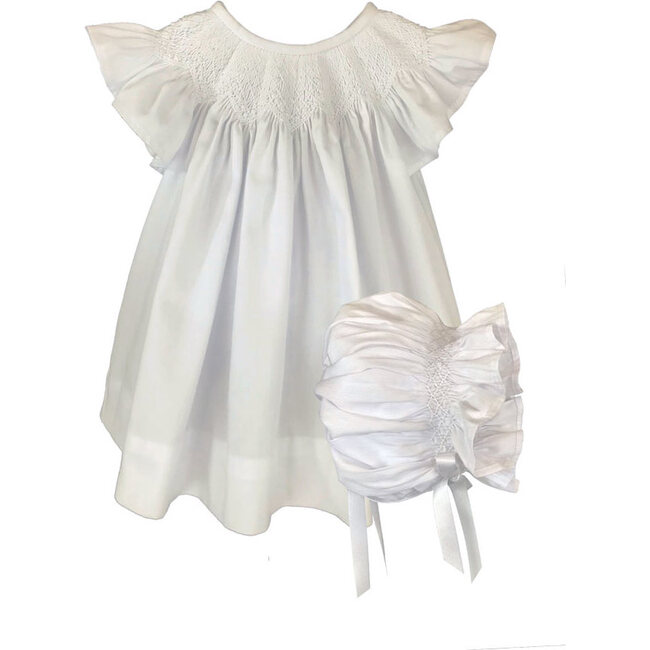 Cotton Pique Smocked Bishop & Bonnet Set, White - Ceremonial Dresses - 1