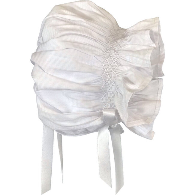Cotton Pique Smocked Bishop & Bonnet Set, White - Ceremonial Dresses - 4