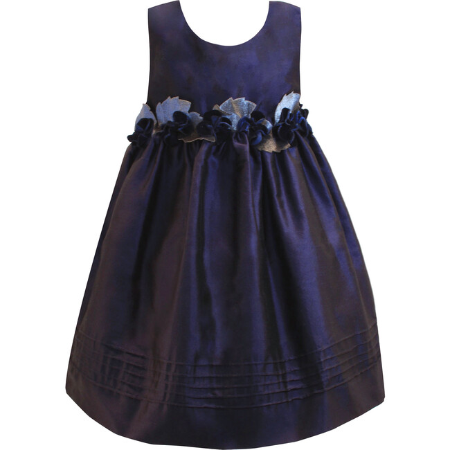 Silk with Velvet Roses Girls Dress, Navy - Dresses - 1