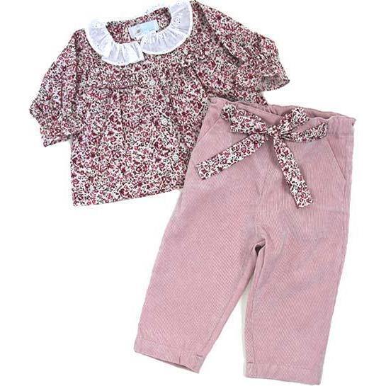 Freesia Blouse Corduroy Pant Set, Pink Multi
