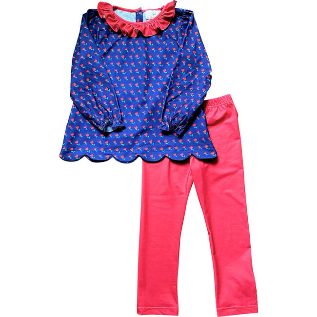 Red Flowers Scalloped Knit Legging Set, Navy - Mixed Apparel Set - 1